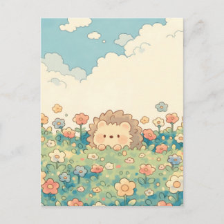 Carte Postale Prairie de fleurs sauvages pastel Kawaii Hérisson