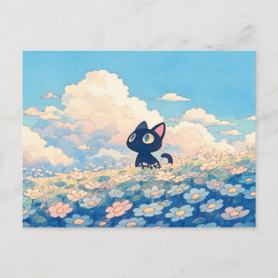 Carte Postale Prairie de la Marguerite Bleue Chat Noir Kawaii