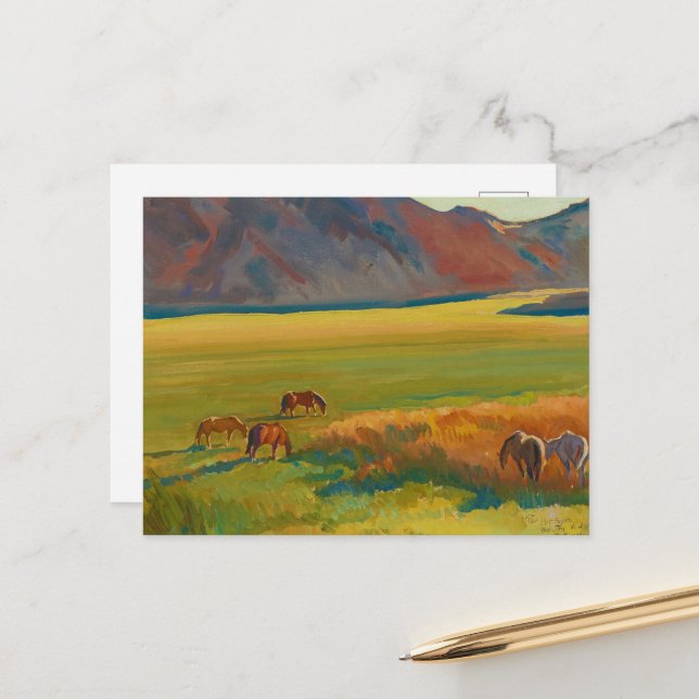 Carte Postale Pré et Chevaux par Maynard Dixon (Devant/Arrière en situation)