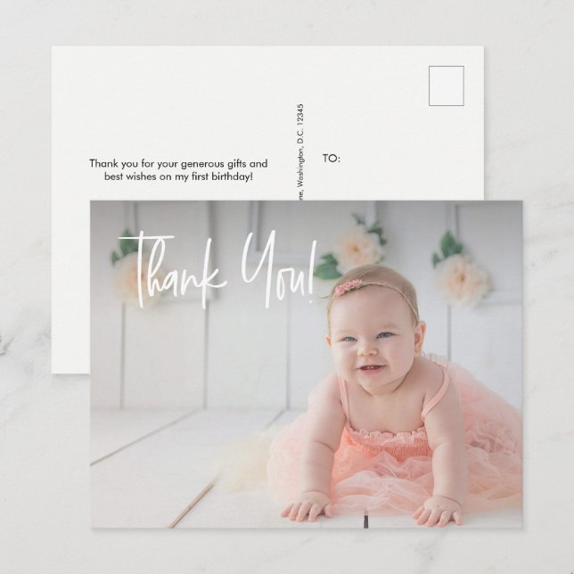 Carte Postale Premier anniversaire de bébé fille Merci Photo (Devant / Derrière)