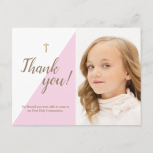 Carte Postale Premier Merci Communion Photo rose moderne