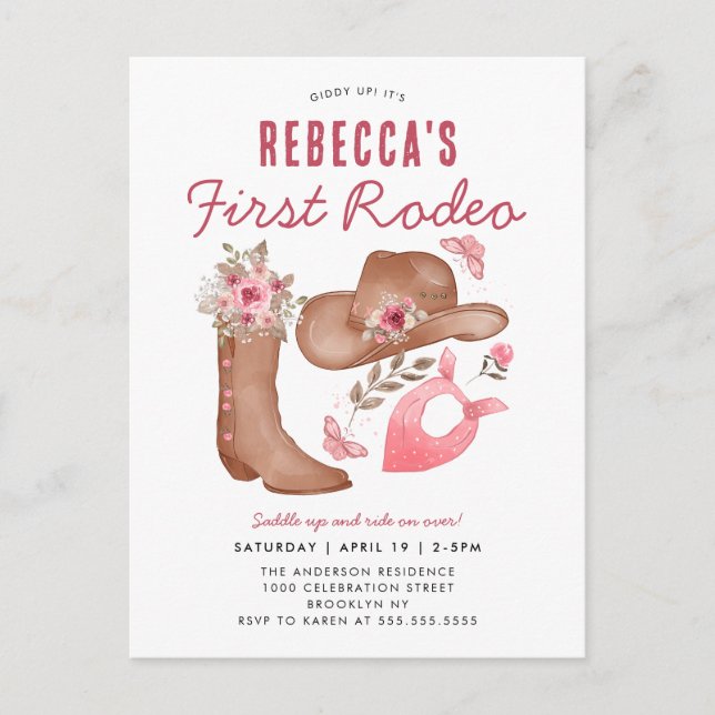 Carte Postale Premier Rodéo Mignonne Pays Cowgirl Rose 1er Anniv (Devant)