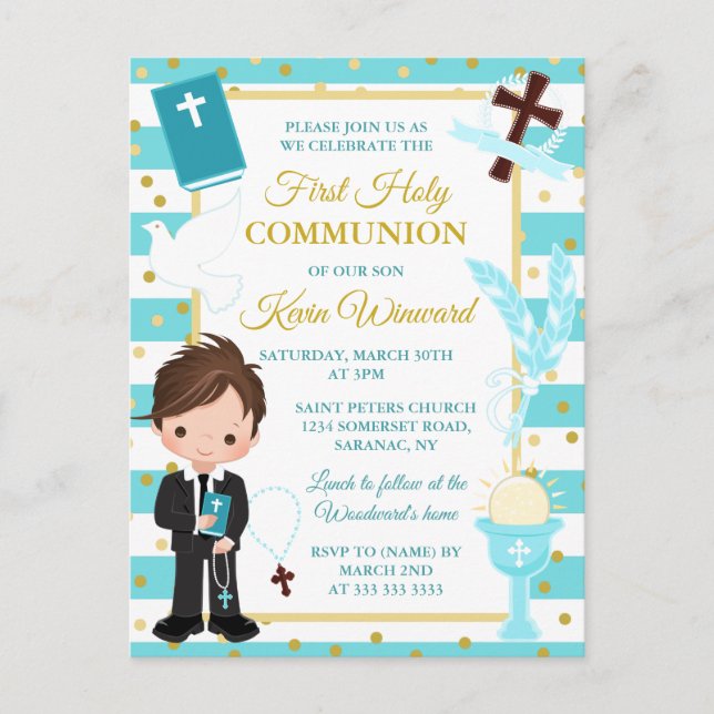 Carte Postale Première communion d'un garçon brunette à rayure b (Devant)
