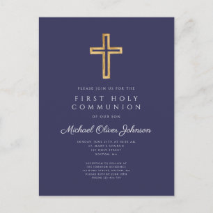 Carte Postale Première communion élégante garçon croix bleu mari