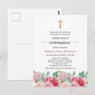 Carte Postale Première communion fille Croix d'or Roses Floral