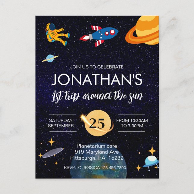 Carte Postale Première fête d'anniversaire d'astronaute dans l'e (Devant)
