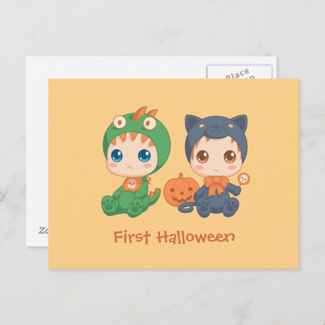 Carte Postale Première Halloween Babies Chat noir Costume Dragon (Devant / Derrière)