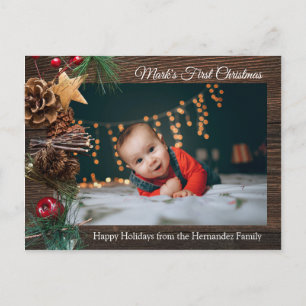 Carte Postale Première photo de Noël du bébé mignon rustique