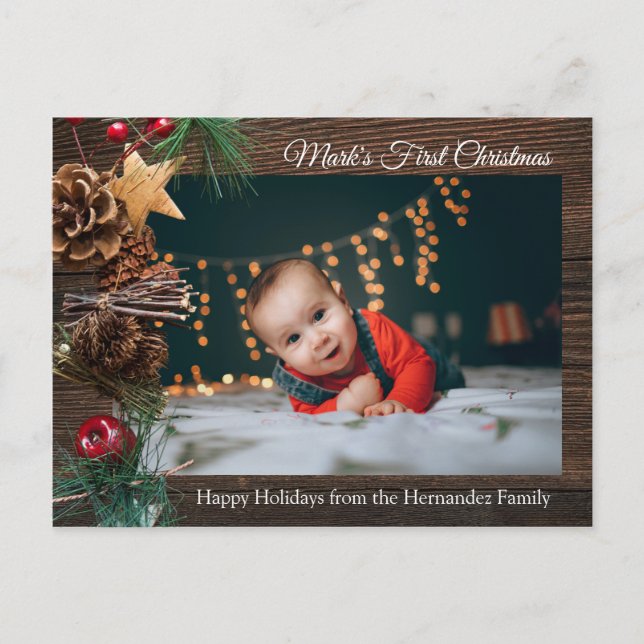 Carte Postale Première photo de Noël du bébé mignon rustique (Devant)