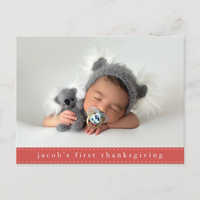 Carte Postale Première photo de ruban moderne de Thanksgiving po (Devant)