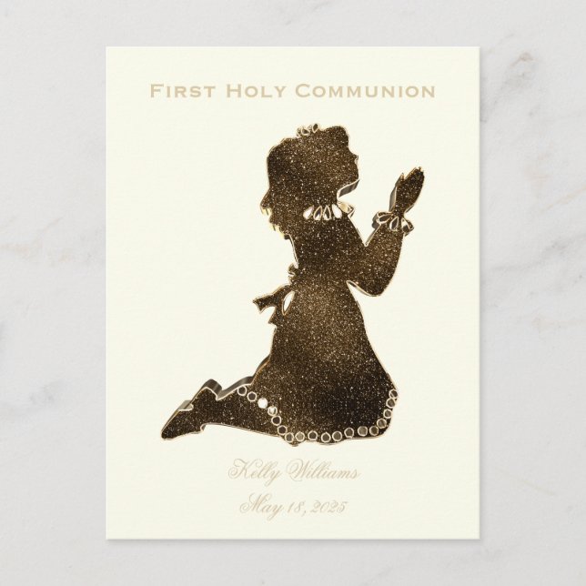 Carte Postale Première Sainte Communion priant fille or Élégant (Devant)