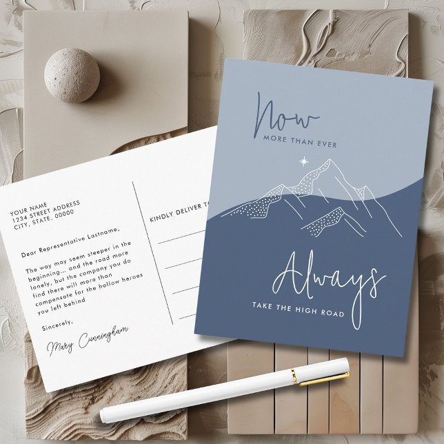 Carte Postale Prendre la route haute motif bleu ardoise (Modern Script Typography Abstract Mountains Always Take the High Road Congress Postcard)