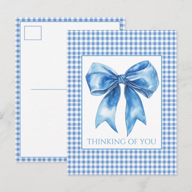 Carte Postale Preppy Blue and White Gingham Plaid and Bow (Devant / Derrière)