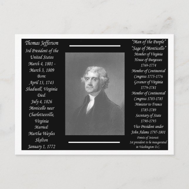 Carte Postale Président Thomas Jefferson (Devant)