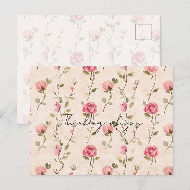Carte Postale Pretty Pink Cream Roses Floral Thinking of you (Devant / Derrière)