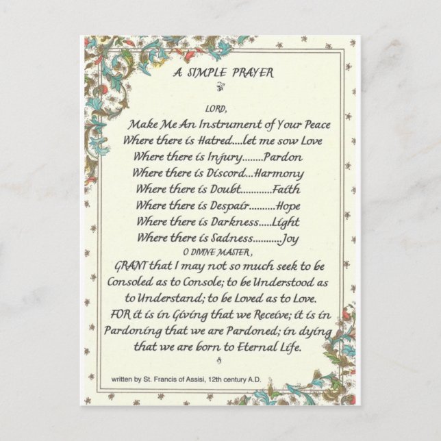 Carte Postale prière simple=st. francis=pape francis=florentine (Devant)