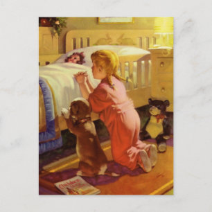 Carte Postale Prières au coucher, Fille avec chiot, Religion Vin