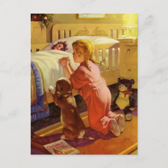 Carte Postale Prières au coucher, Fille avec chiot, Religion Vin (Devant)