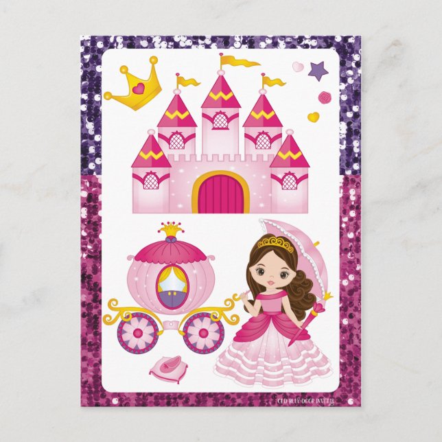 Carte Postale Princess Castle Gold Crown Pink Purple Sequin (Devant)