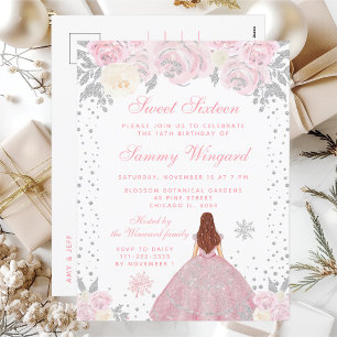 Carte Postale Princesse aux cheveux bruns en hiver Rose Douze an