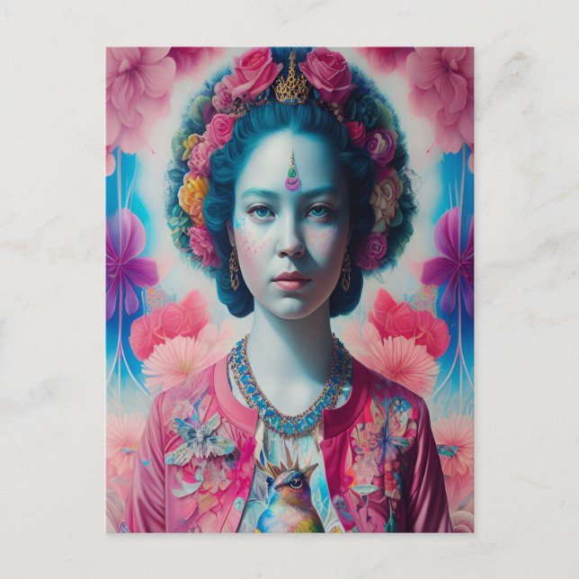 Carte Postale princesse aux fleurs bleues avec veste rose (Devant)