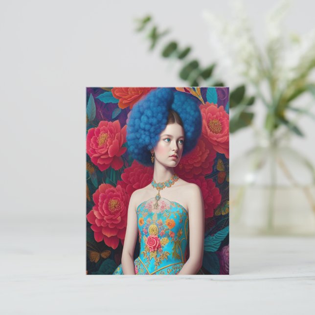 Carte Postale Princesse avec robe décorative bleue (Debout devant)