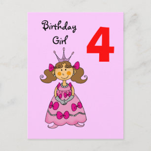 Carte Postale princesse de 4 ans (cheveux bruns)