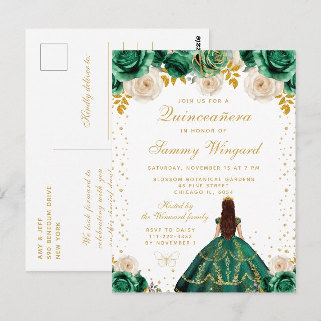Carte Postale Princesse Florale Verte Quinceañera (Devant / Derrière)