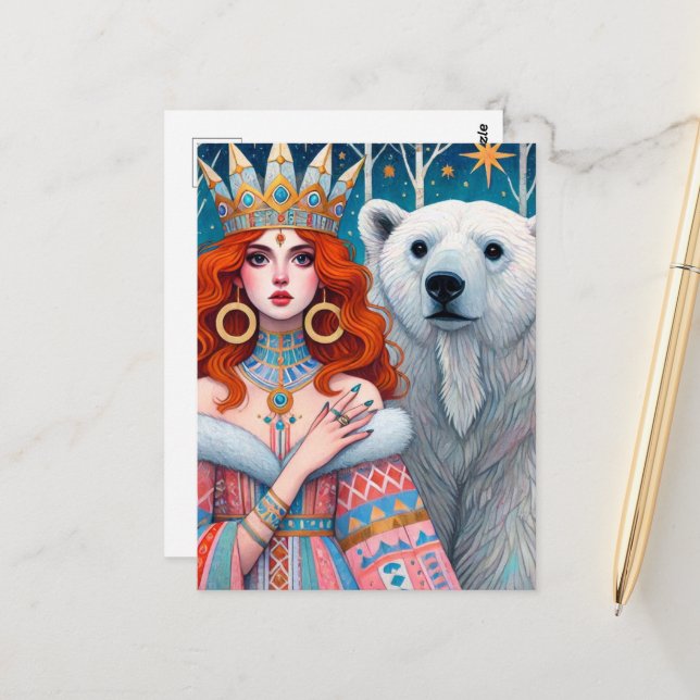 Carte Postale Princesse Red Haired et ours polaire (Devant/Arrière en situation)
