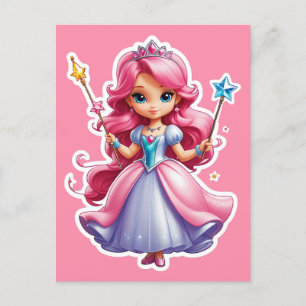 Carte Postale Princesse Rose Avec Baguette Magique Et Tiara