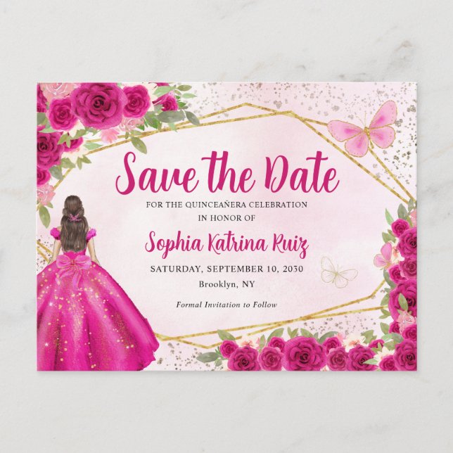Carte Postale Princesse rose Floral Quinceañera Enregistrer la d (Devant)