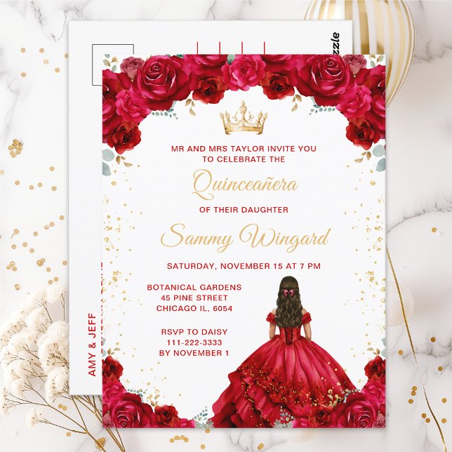 Carte Postale Princesse Rouge Floral Quinceañera (Créateur téléchargé)