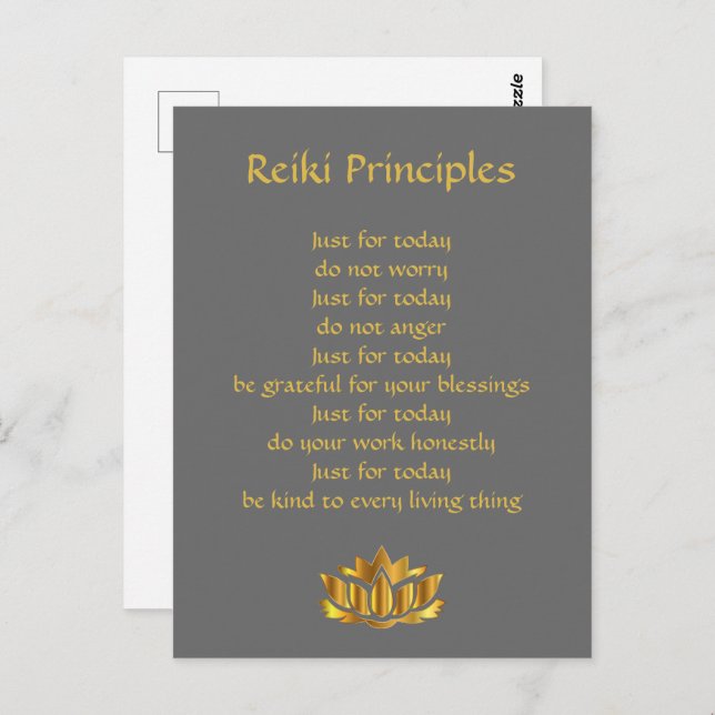 Carte Postale Principes de Reiki Gris et Or (Devant / Derrière)