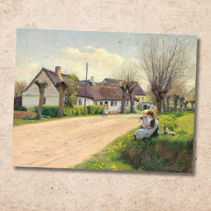 Carte Postale Printemps dans le village avec les filles sur le b