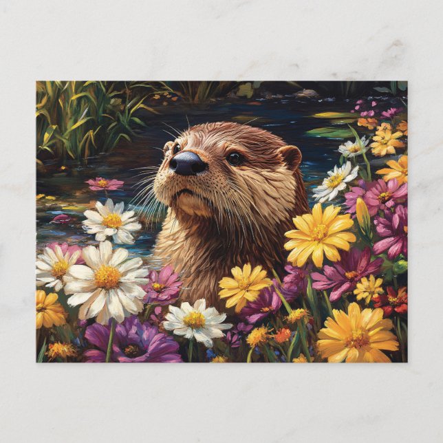 Carte Postale Printemps Fleur sauvage coloré et Otter (Devant)