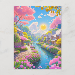 Carte Postale Printemps rose fleurit Pittoresque Riverside Natur