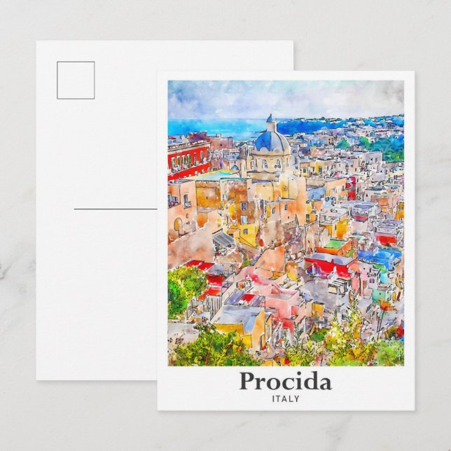 Carte Postale Procida Italie Aquarelle Voyage Esquisse main dess (Devant / Derrière)