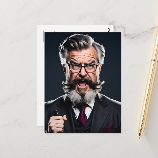 Carte Postale Professeur fou fou avec barbe (Devant/Arrière en situation)