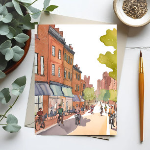 Carte Postale Promenade à vélo à Boston North End aquarelle MA