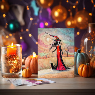 Carte Postale Promenade d'automne, sorcière d'Halloween et chat