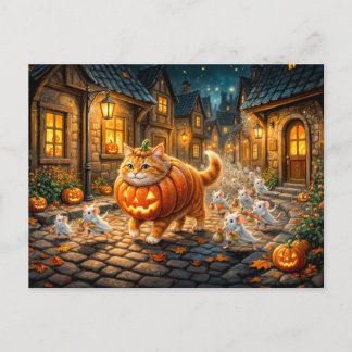 Carte Postale Promenade de la ville d'Halloween pour chats et so