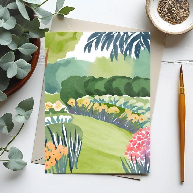 Carte Postale Promenade du jardin fleuri | Aquarelle de la natur (Créateur téléchargé)