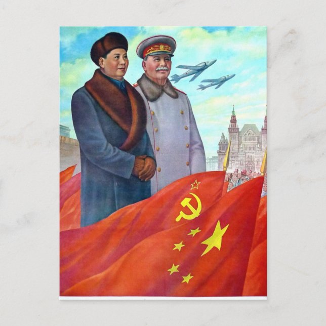Carte Postale propagande originale Mao tse tung et Joseph Stalin (Devant)