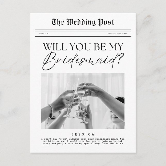 Carte Postale Proposition Bridesmaid, journal personnalisable (Devant)