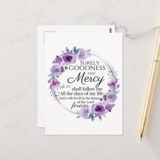 Carte Postale Psaume 23:6 Inspirationnel Bible Verse Floral Viol (Devant/Arrière en situation)