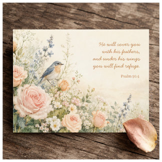 Carte Postale Psaume 91:4 Bluebird & Roses Écriture
