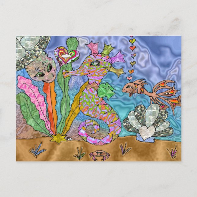 Carte Postale Psychedelic Seahorse Sea Turtle Art (Devant)