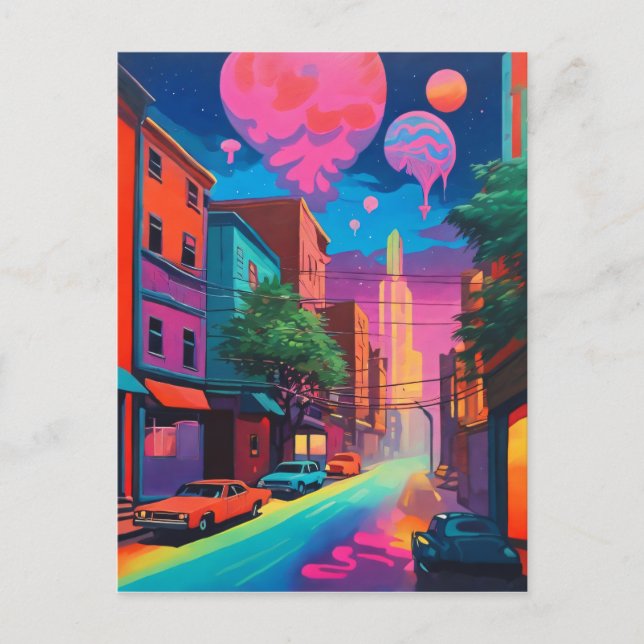 Carte Postale Psychédélique Colorful City Drippy Art (Devant)