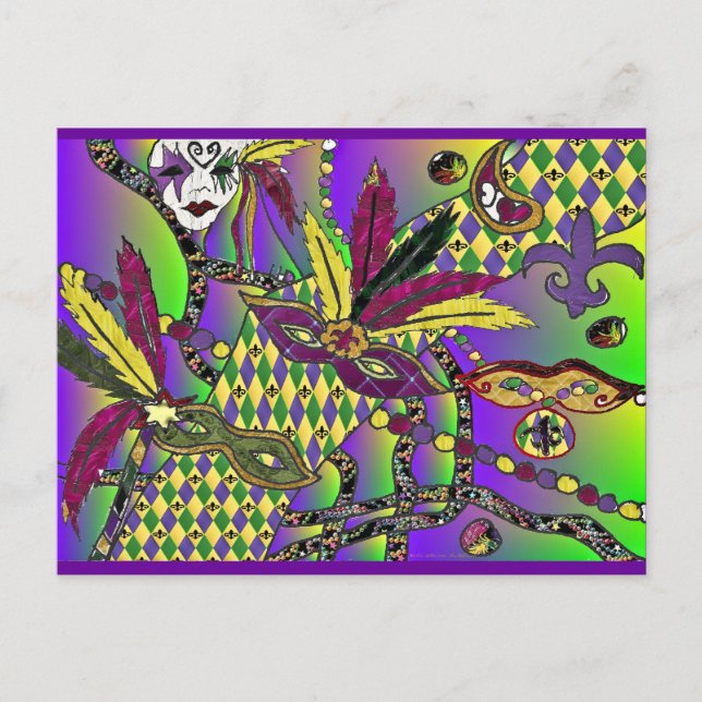 Carte Postale Psychédélique Mardi Gras Plumes Masques Cadeaux Vê (Devant)