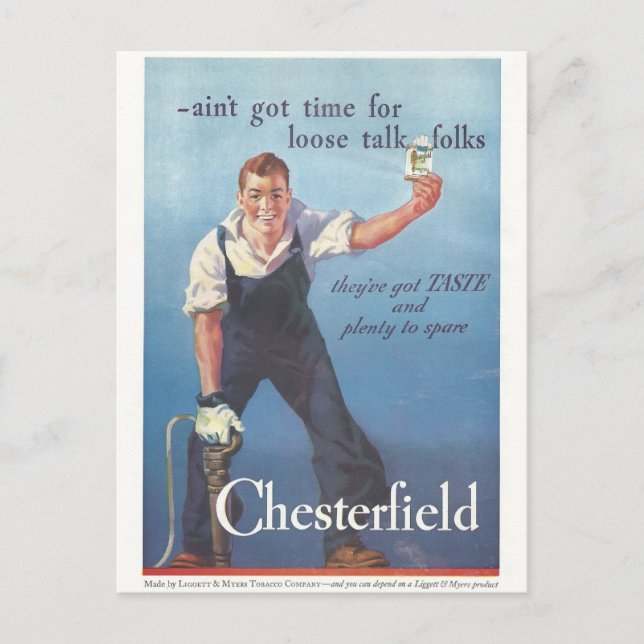 Carte Postale Publicité Chesterfield Cigarettes vintage (Devant)